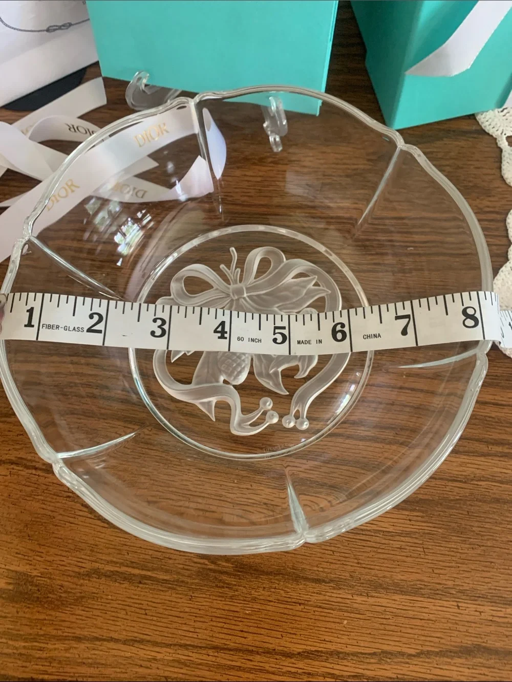 Tiffany & Co. Clear Etched Glass Serving Bowl holiday Christmas garland rare 712